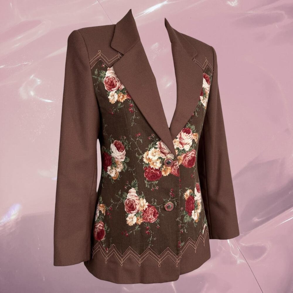 Vintage Y2K Cottage core brown floral blazer tailored romantic jacket